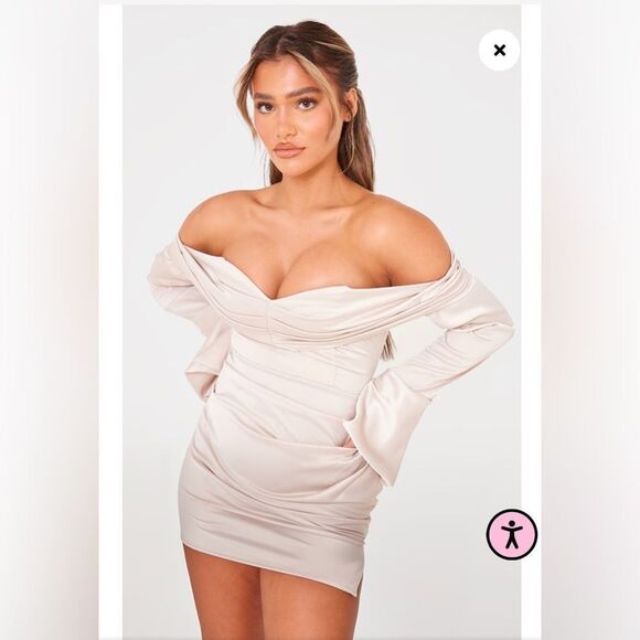 Pretty little things STONE SATIN BARDOT RUCHED LONG SLEEVE MINI DRESS size 12 - Picture 1 of 5